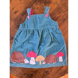 Mini Boden Girls Teal Corduroy Hedgehog Mushroom Applique Pinafore Dress 12-18M